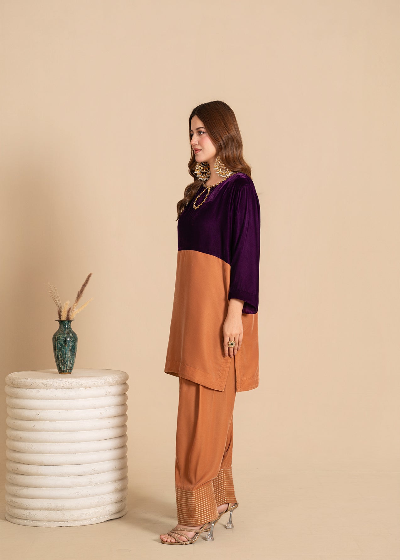 Gold Color Block Velvet Dress