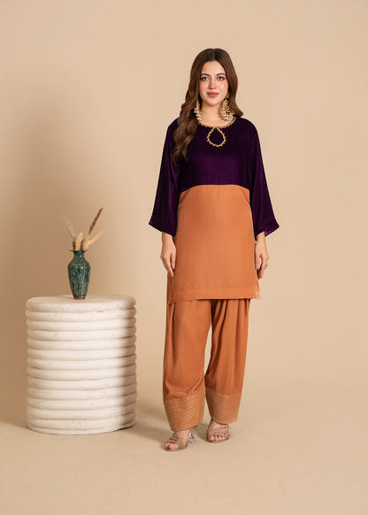 Gold Color Block Velvet Dress