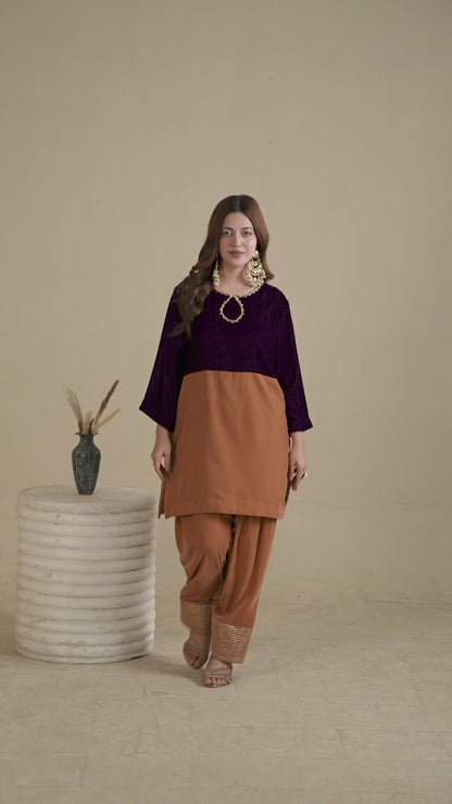 Gold Color Block Velvet Dress